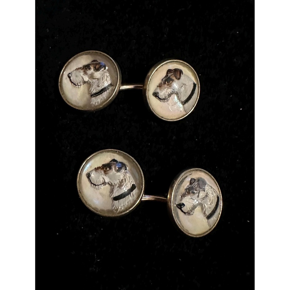 Krementz Essex Style Cufflinks Reverse Painted Intaglio Fox Terrier Dog